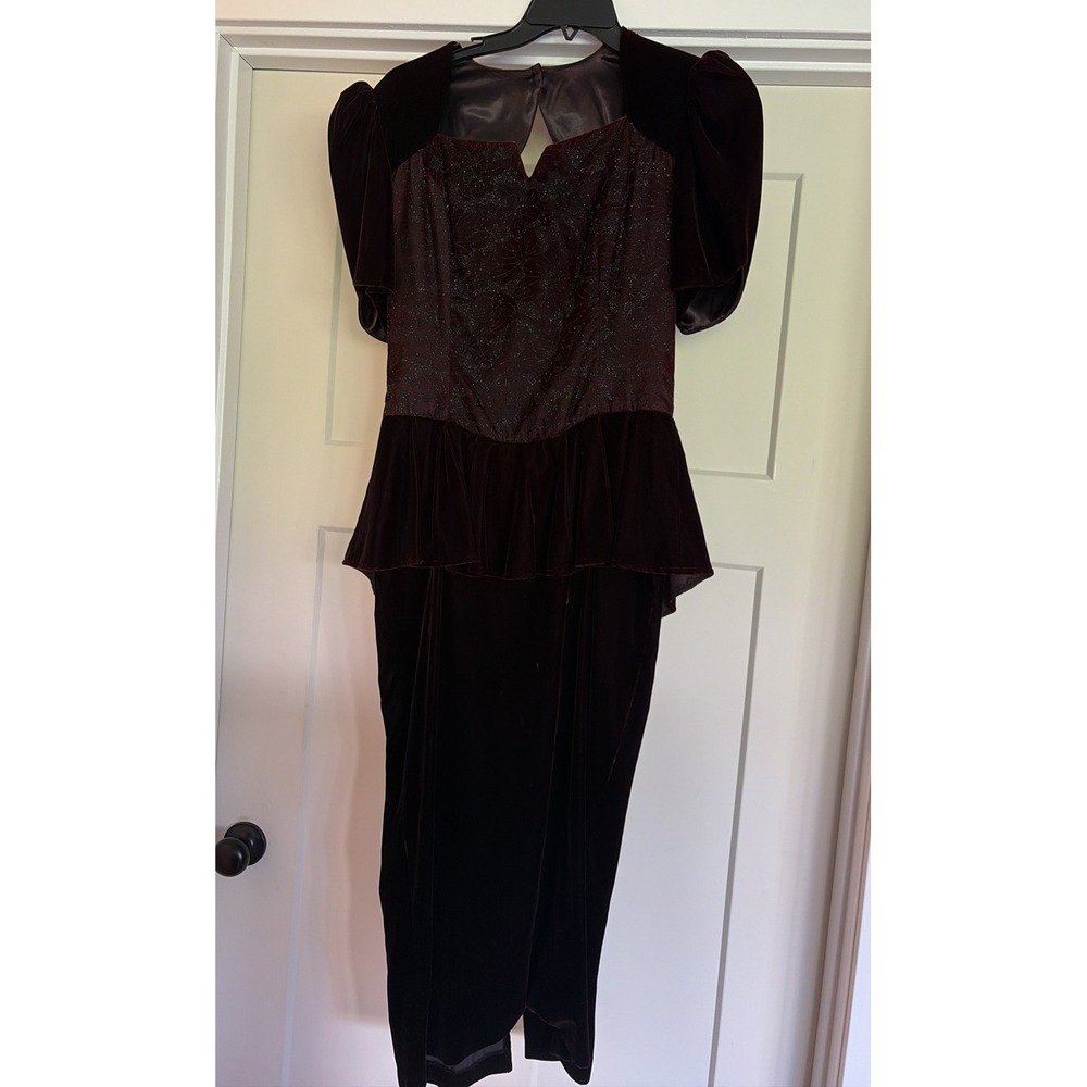 Vintage Scott McClintock Retro 80s Deep Red/purple Velvet Dress Size 10 Peplum